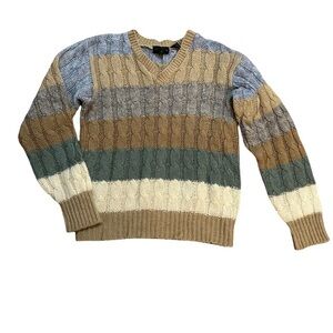 Men's Wool Blend Multicolour V-Neck Striped Cable Knit Sweater